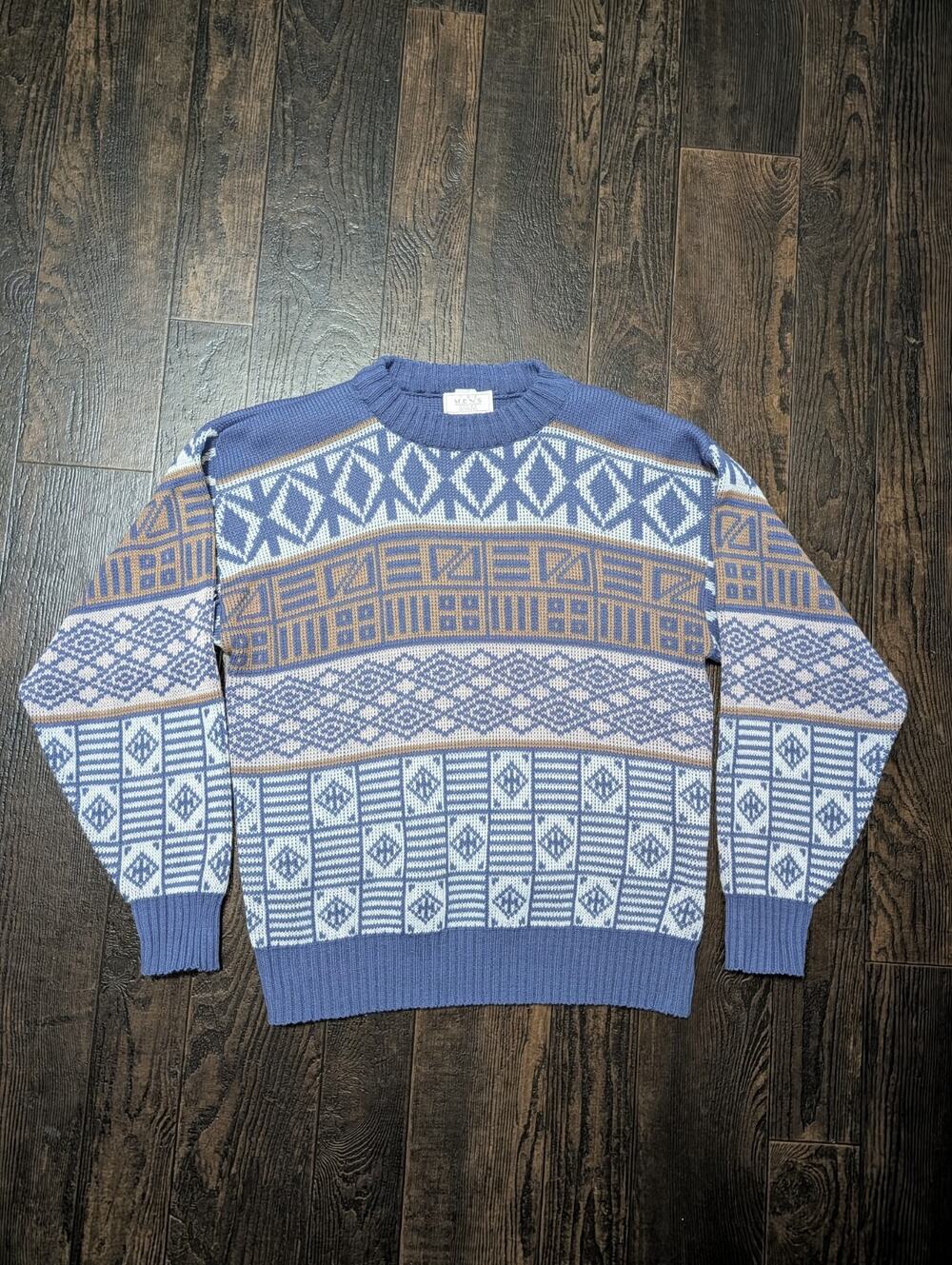 Vintage The Men's Store At Sears Sweater Medium Blue Geometric Knit USA 80s 90s